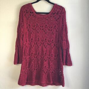 Red crochet long sleeve coverup dress boho hippie cottagecore fairycore